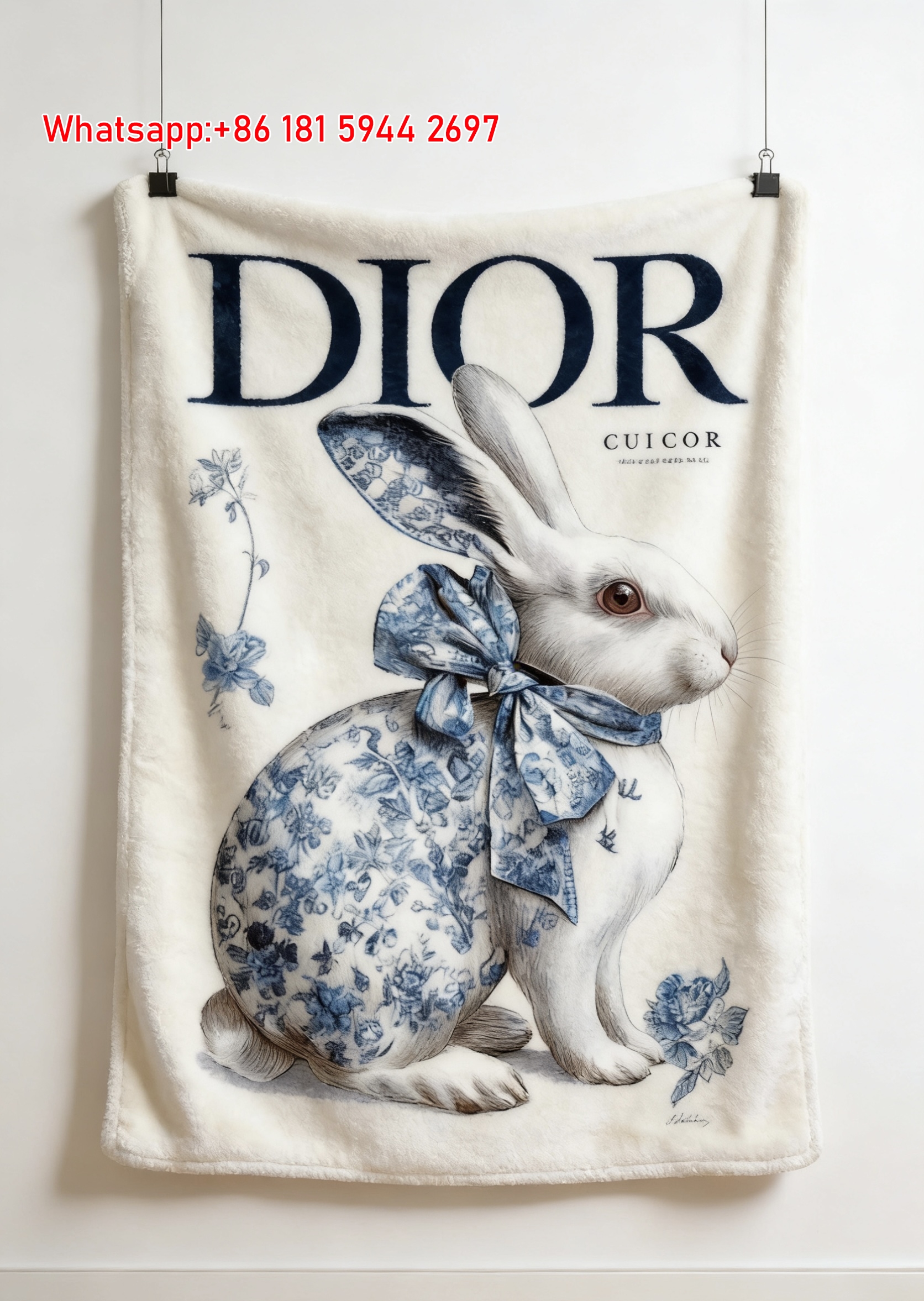 Dior Blue Floral Rabbit Flannel Throw Blanket D198